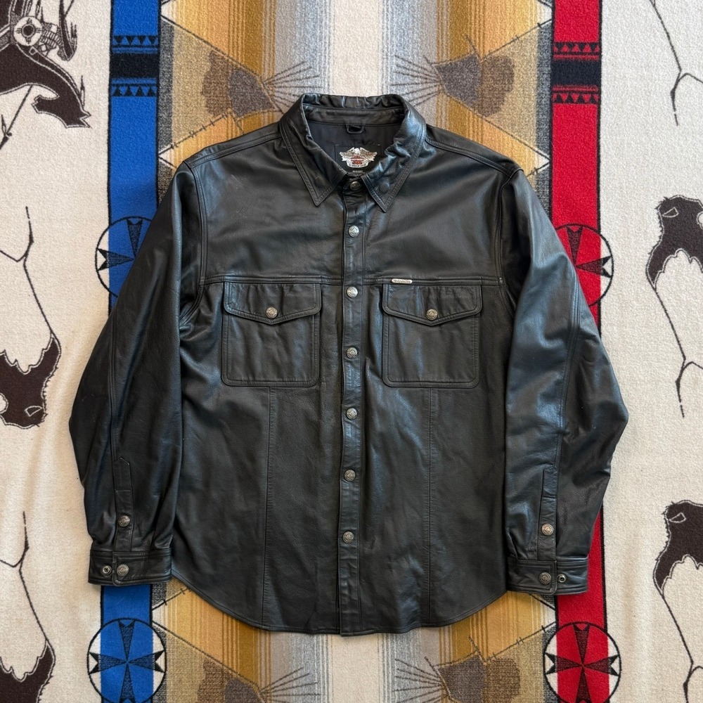 Harley-Davidson Mens Black Genuine Leather Snap Front Shirt Jacket XL RN0103819
